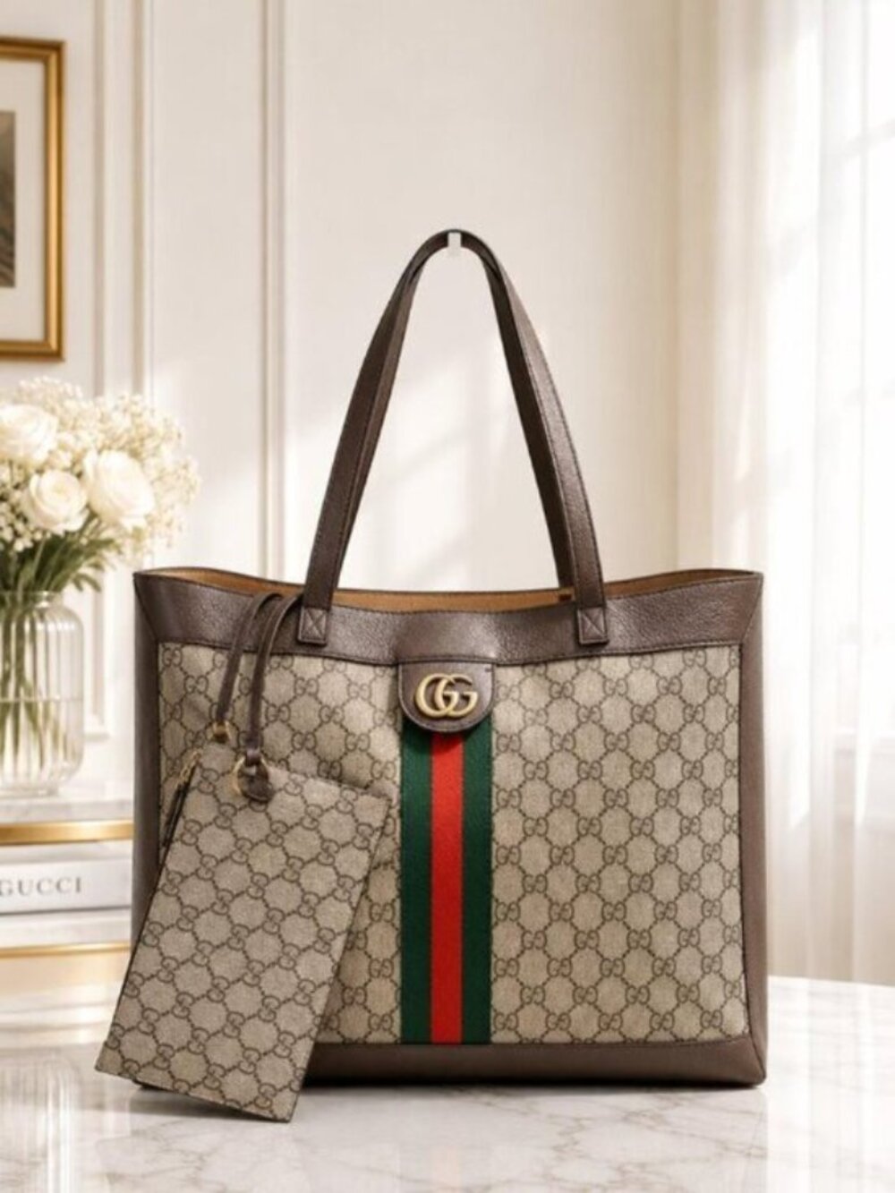 Authentic Gucci Ophidia GG Supreme Large Tote Bag Web Stripe w/ Pouch Bag